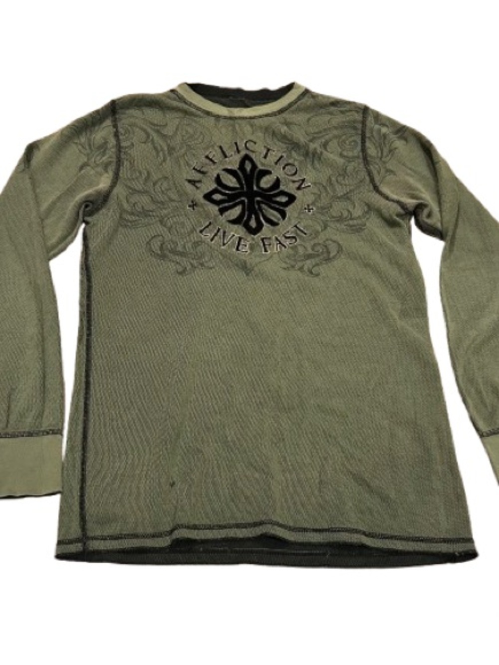 VTG Y2K Affliction Reversible Thermal Waffle Shirt Olive Black Cyber Sigilism L